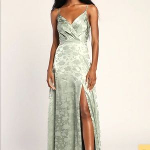 Radiant Refinement Sage Green Satin Jacquard Maxi Dress